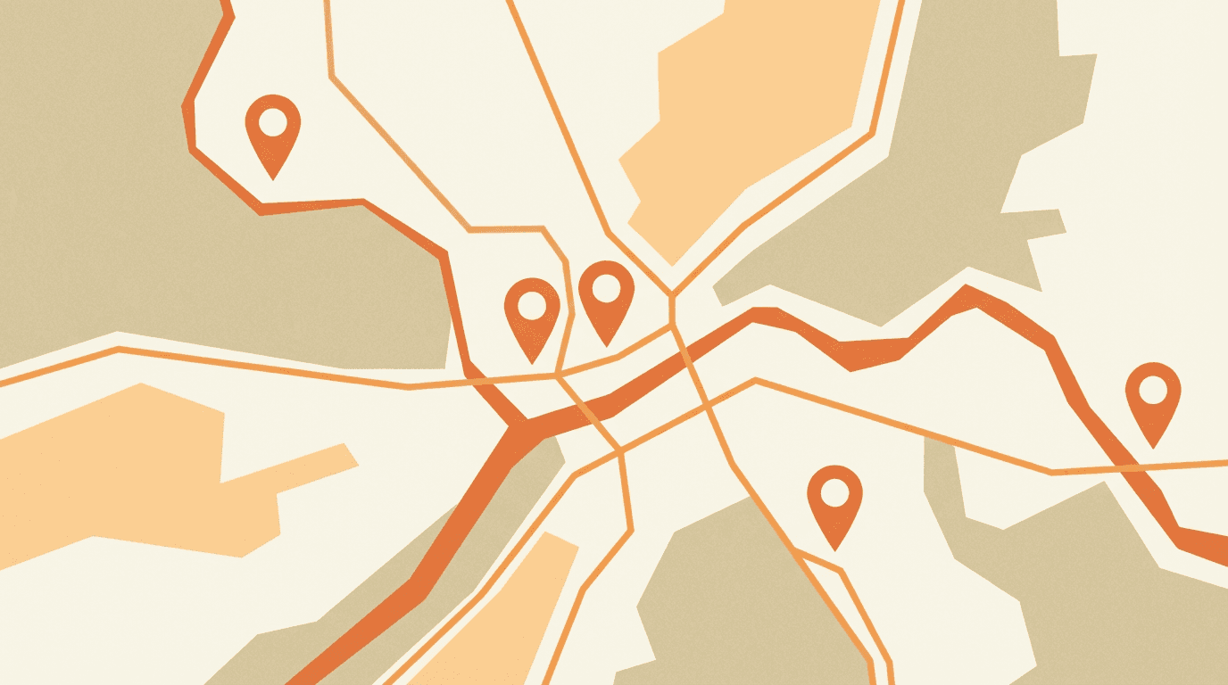 Minimal map with five orange location pins on cream background, editorial style