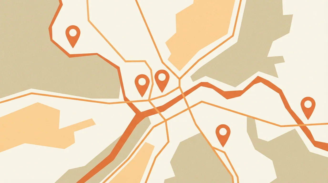 Illustrated city map with several orange location pins: one business serving customers from several locations