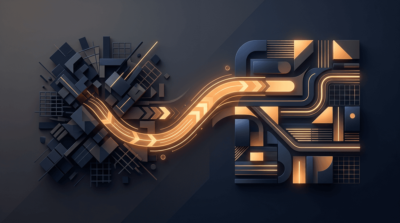 Abstract before-after site structure with redirect arrows, minimal geometric, navy and amber.