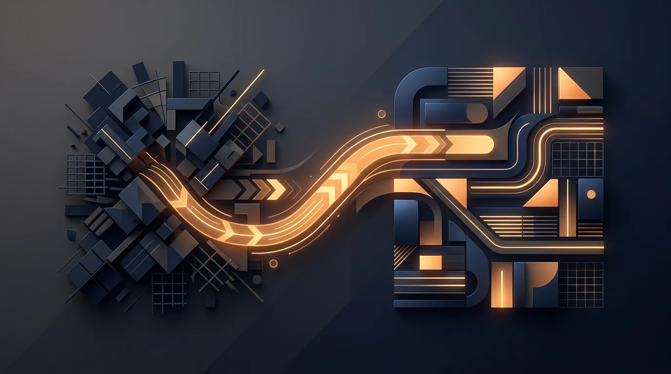 Abstract before-after site structure with redirect arrows, minimal geometric, navy and amber.