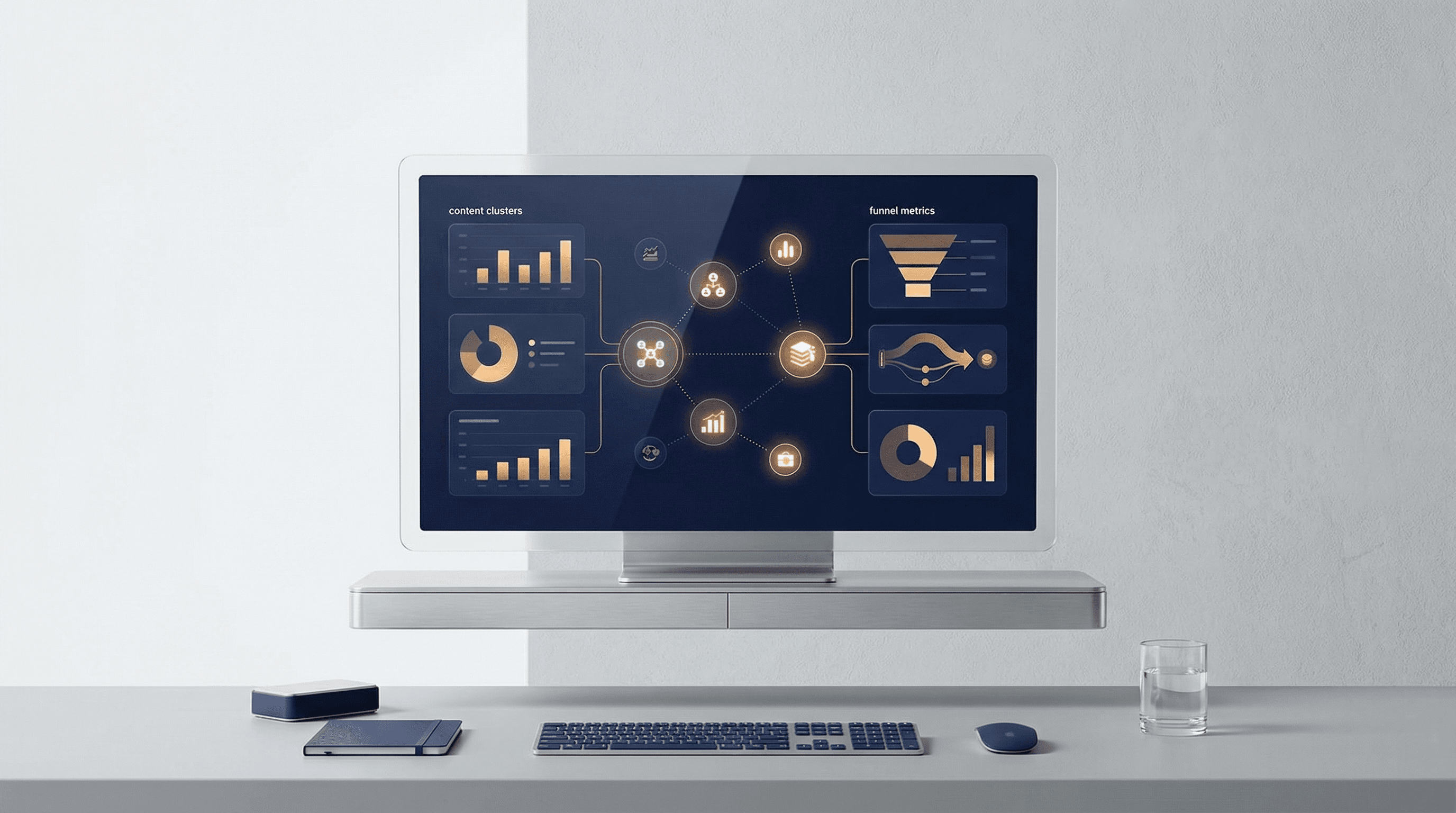 SaaS growth board with SEO content clusters and funnel metrics
