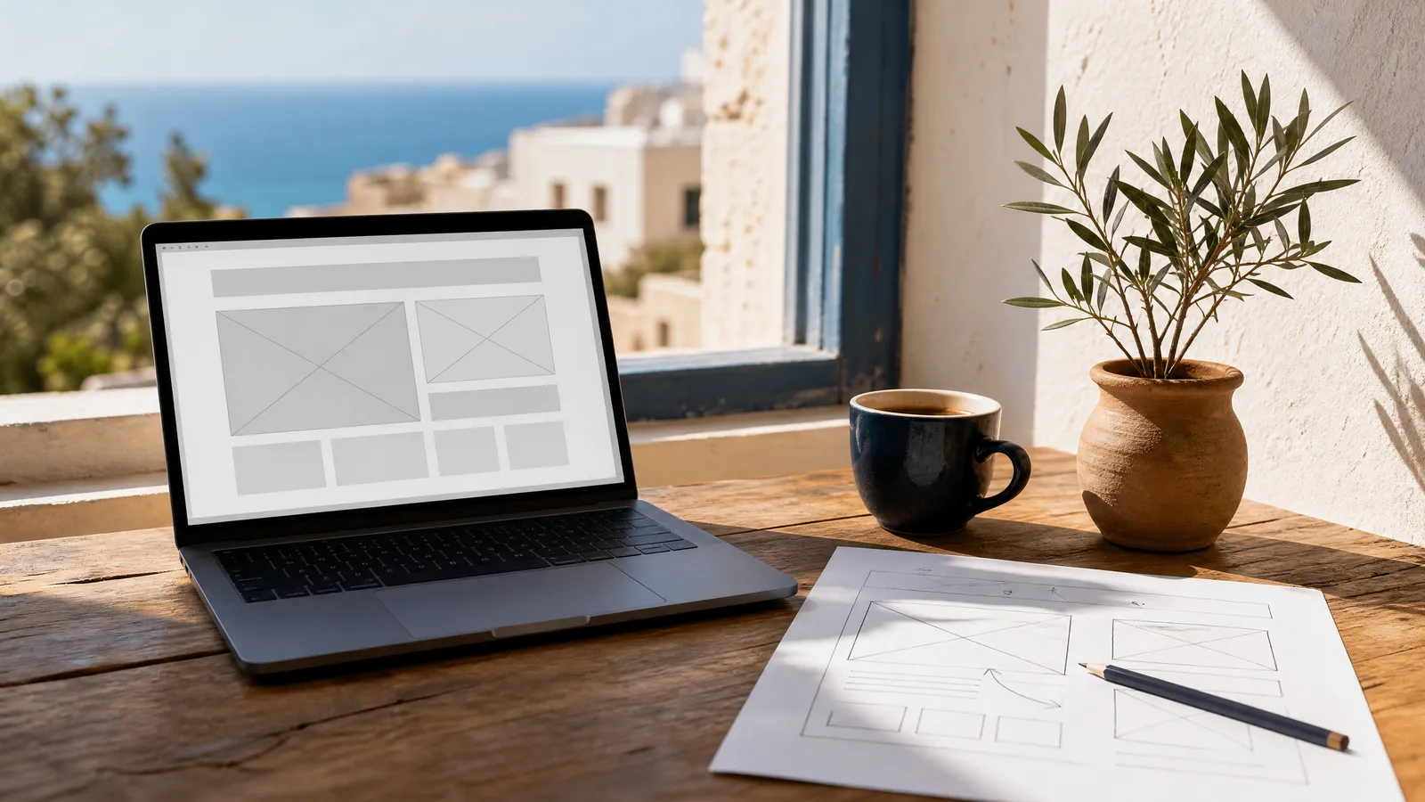 A laptop with a simple website wireframe and a paper sketch of the same page layout on a sunlit table by a window over the sea: planning the pages, the step that sets what a small business website in Cyprus costs.