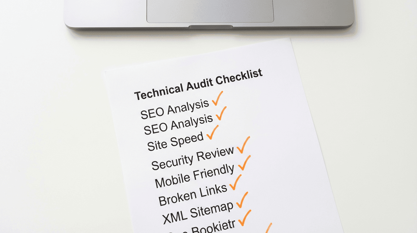 Technical audit checklist on white paper with orange checkmarks, laptop keyboard, top-down