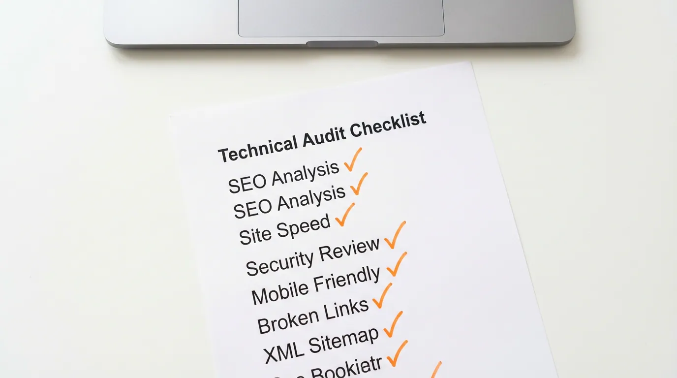 Printed technical audit checklist with ticked items such as site speed, broken links and XML sitemap