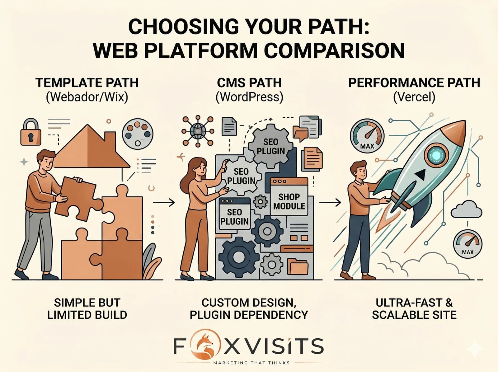 Infographic comparing three ways to build a website: a Webador or Wix template, a WordPress CMS, and a Vercel rocket, under the heading Choosing Your Path, with the FOXVISITS logo.