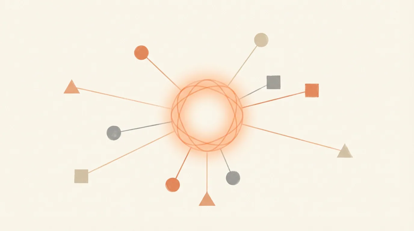 Abstract network nodes with orange glowing center on cream background