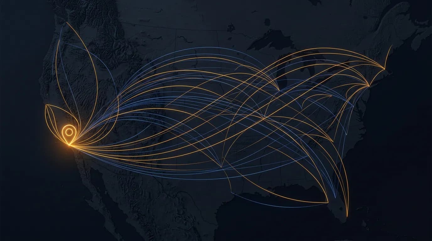 Map arc from local pin to national coverage, abstract minimal, navy and amber accents.