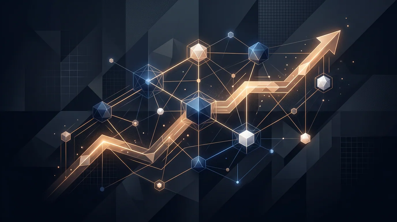 Abstract growth dashboard motif with connected channels, navy and amber accents, editorial minimal style.