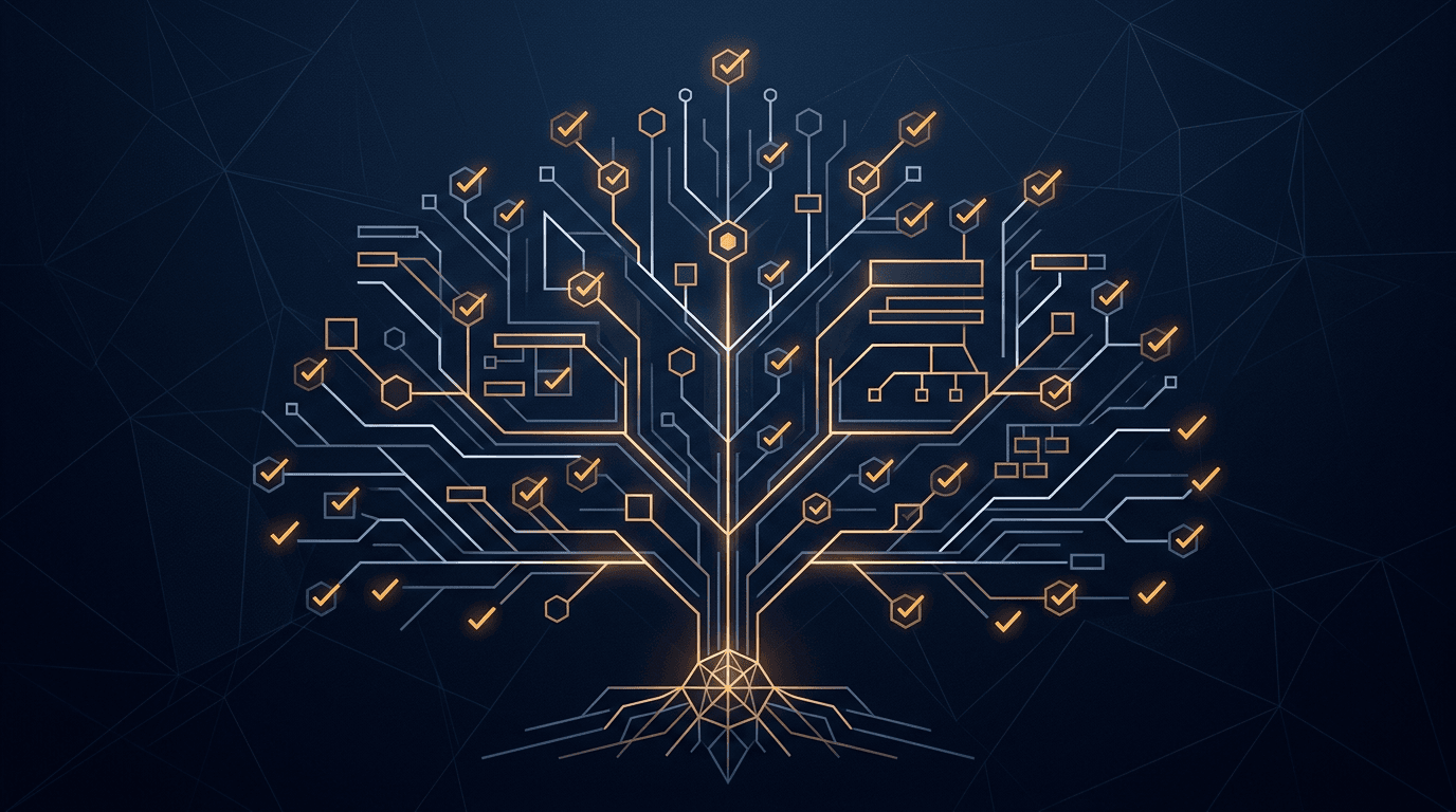Technical site map motif with checkpoints, minimal line art, navy and amber accent.