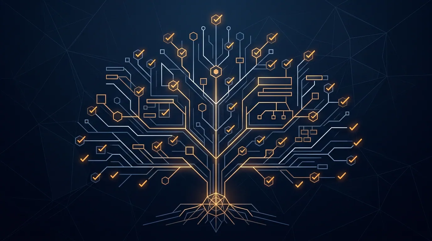 Technical site map motif with checkpoints, minimal line art, navy and amber accent.