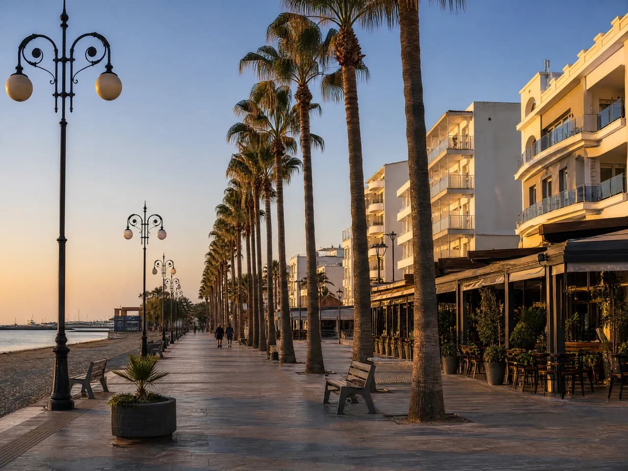Seafront promenade lined with tall palm trees, between a beach and seaside hotels with café terraces. Illustrative image, not a photograph of a specific place.