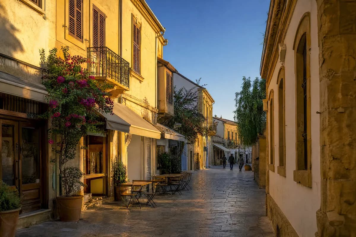 Narrow old-town street with sandstone houses, wooden shutters, awnings and café tables in evening light. Illustrative image, not a photograph of a specific place.